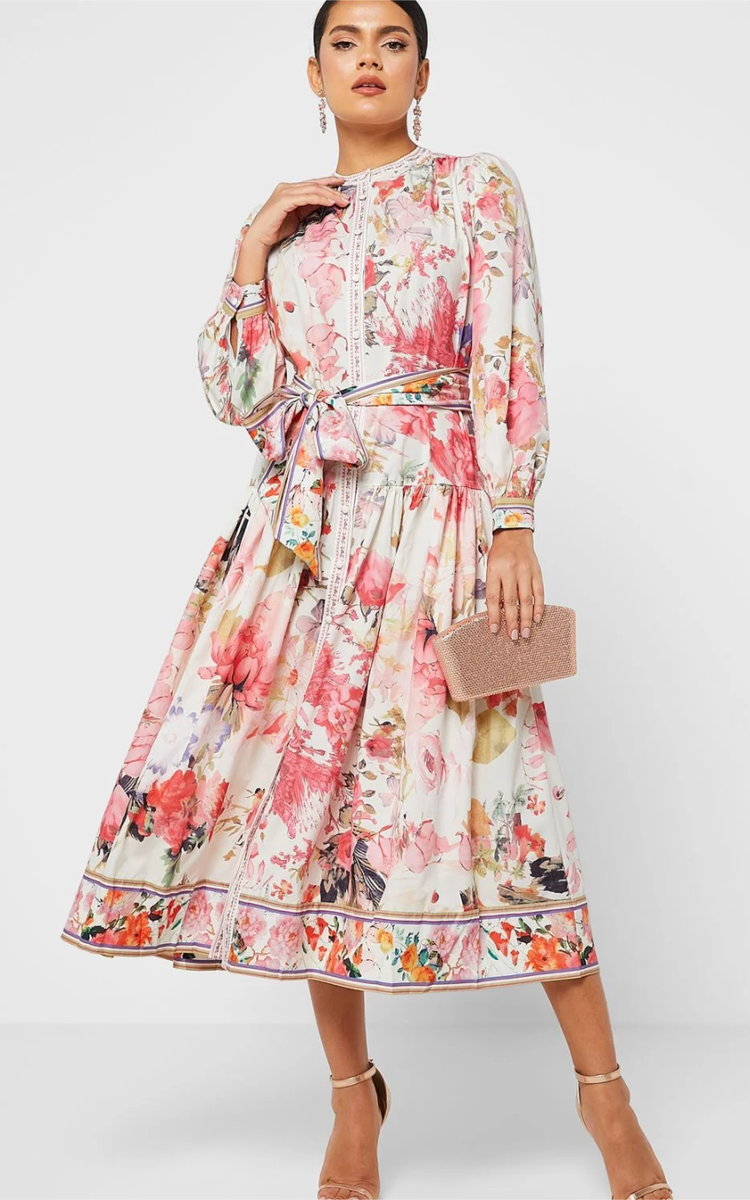 Floral Long Sleeve Crew Collar Buttoned Lace Up Midi Dress