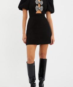 Bow Cut-Out Puff Sleeve Mini Dress