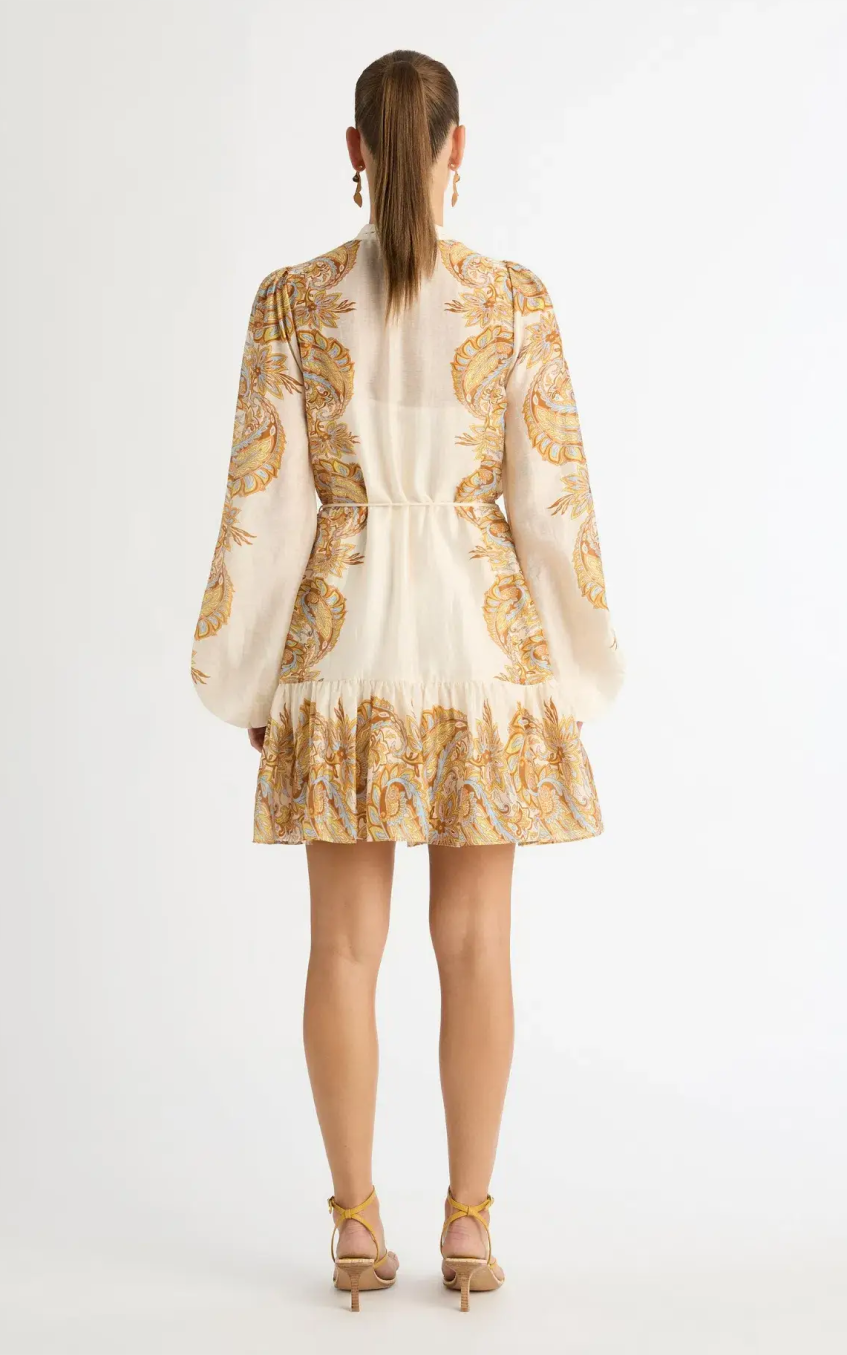 Paisley Single Breasted Lantern Sleeve Mini Dress