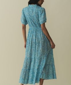 Floral Puff Sleeve Single Breasted Midi Dress