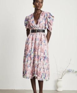 Abstract Print V-Neck Midi Dress With Belt