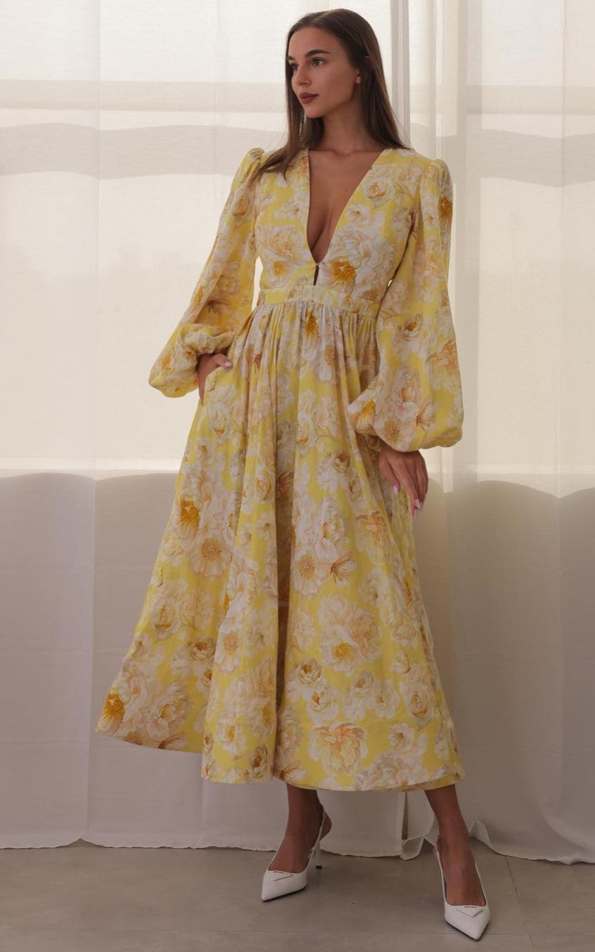 Floral V-Neck Long Sleeve Midi Dress