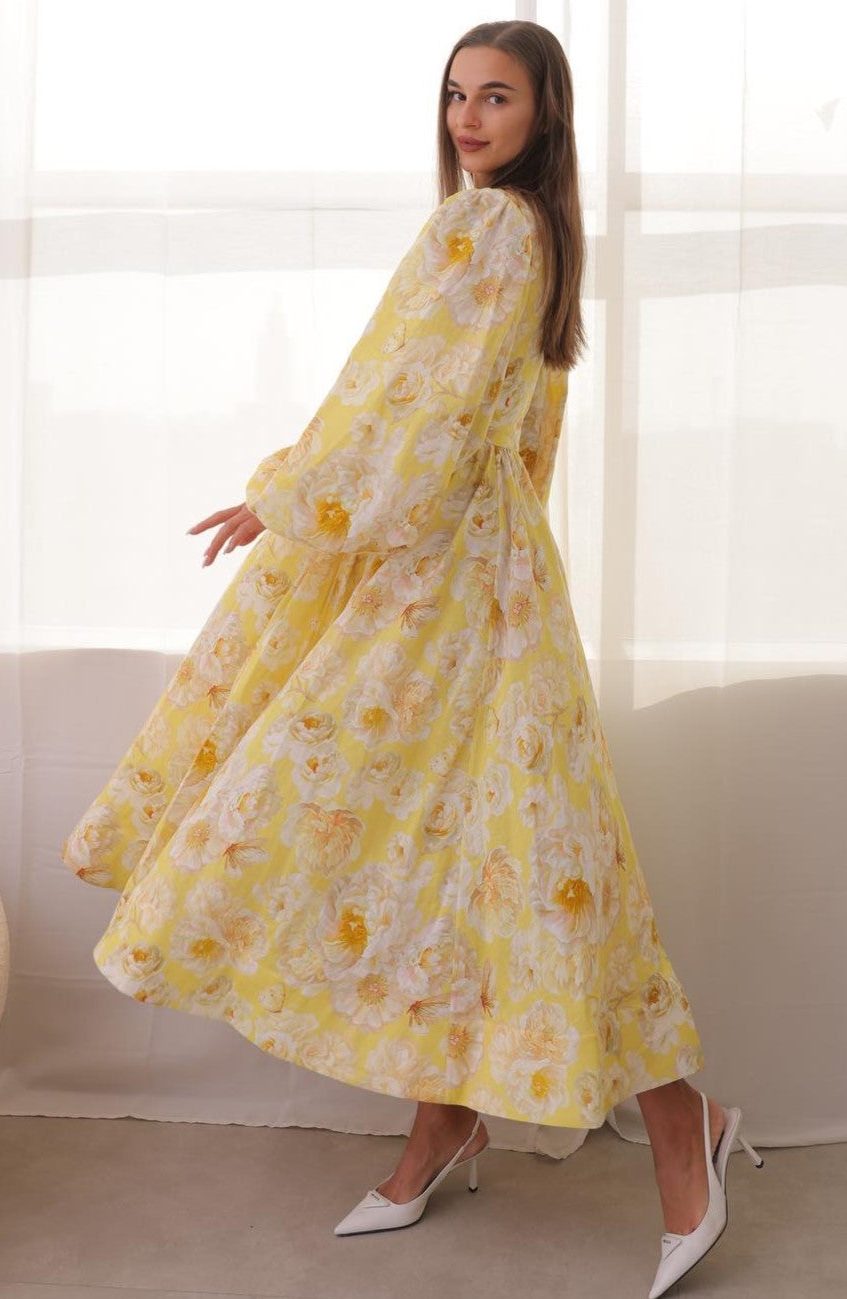 Floral V-Neck Long Sleeve Midi Dress