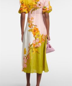 Floral Puff Sleeve Round Neckline Midi Dress