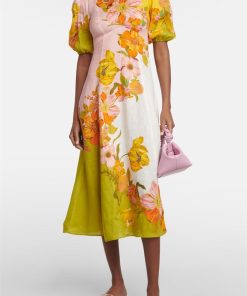 Floral Puff Sleeve Round Neckline Midi Dress