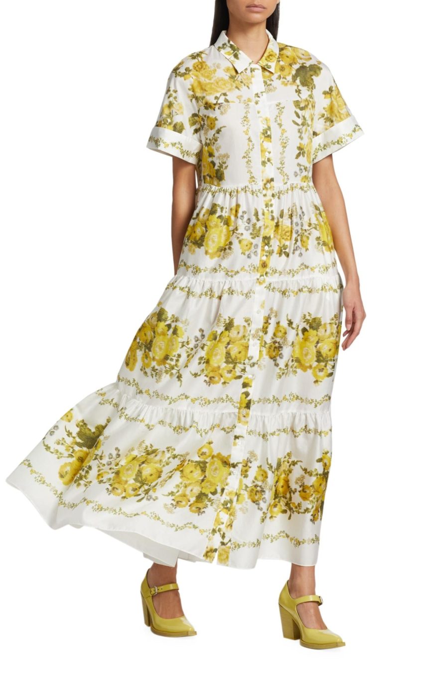 Floral Shirt Collar Single Breasted Midi Dress