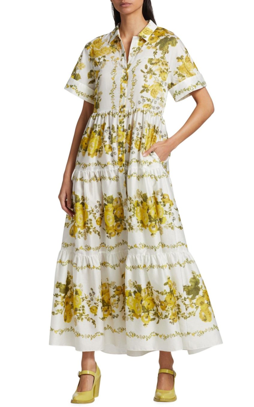 Floral Shirt Collar Single Breasted Midi Dress