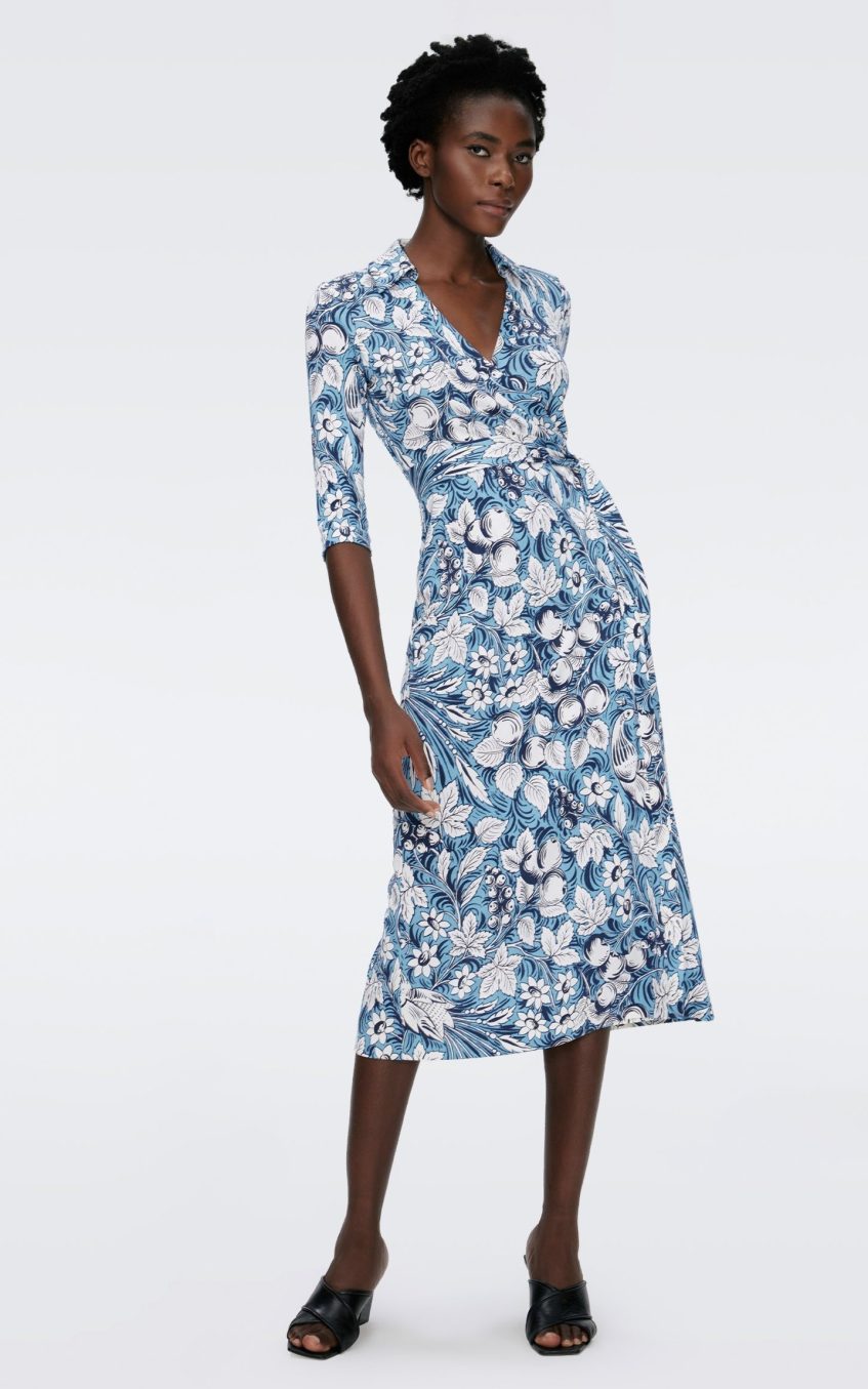 Floral Mid Sleeve Lace Up Wrap Midi Dress