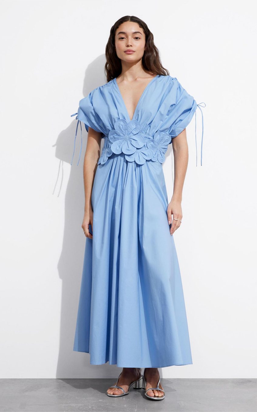 3D Floral V-Neck Lace Up Midi Dress