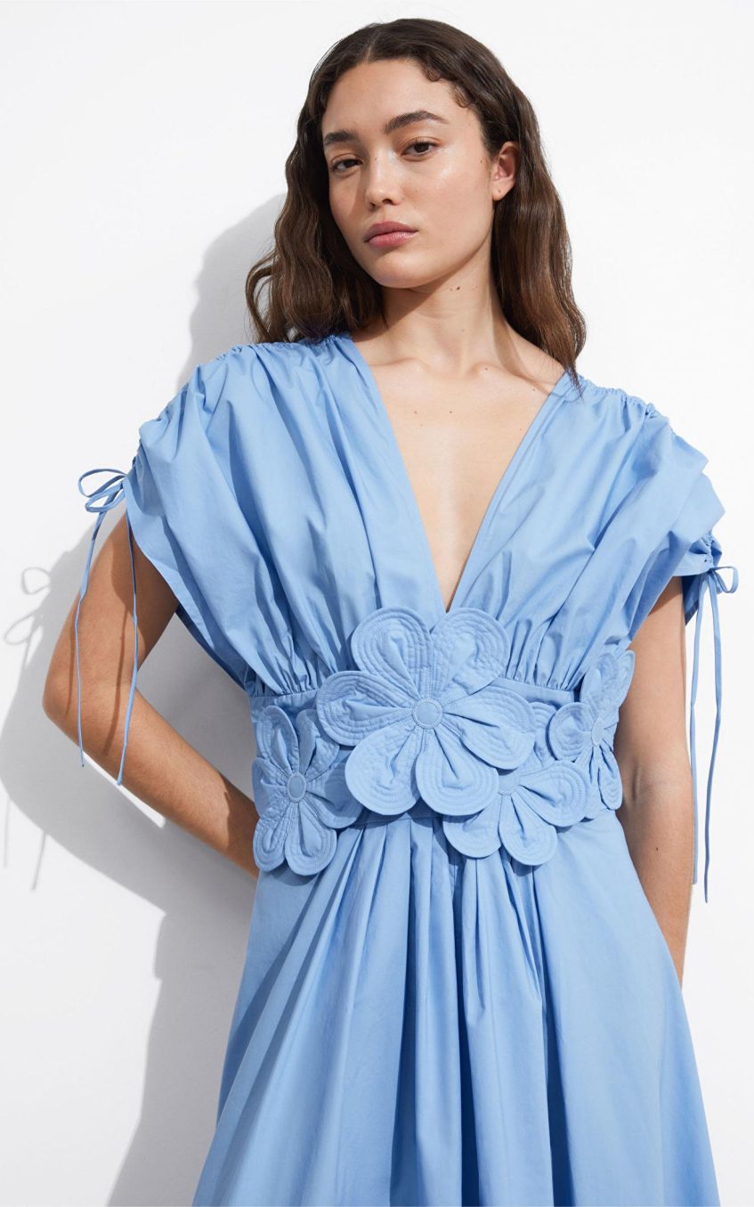 3D Floral V-Neck Lace Up Midi Dress