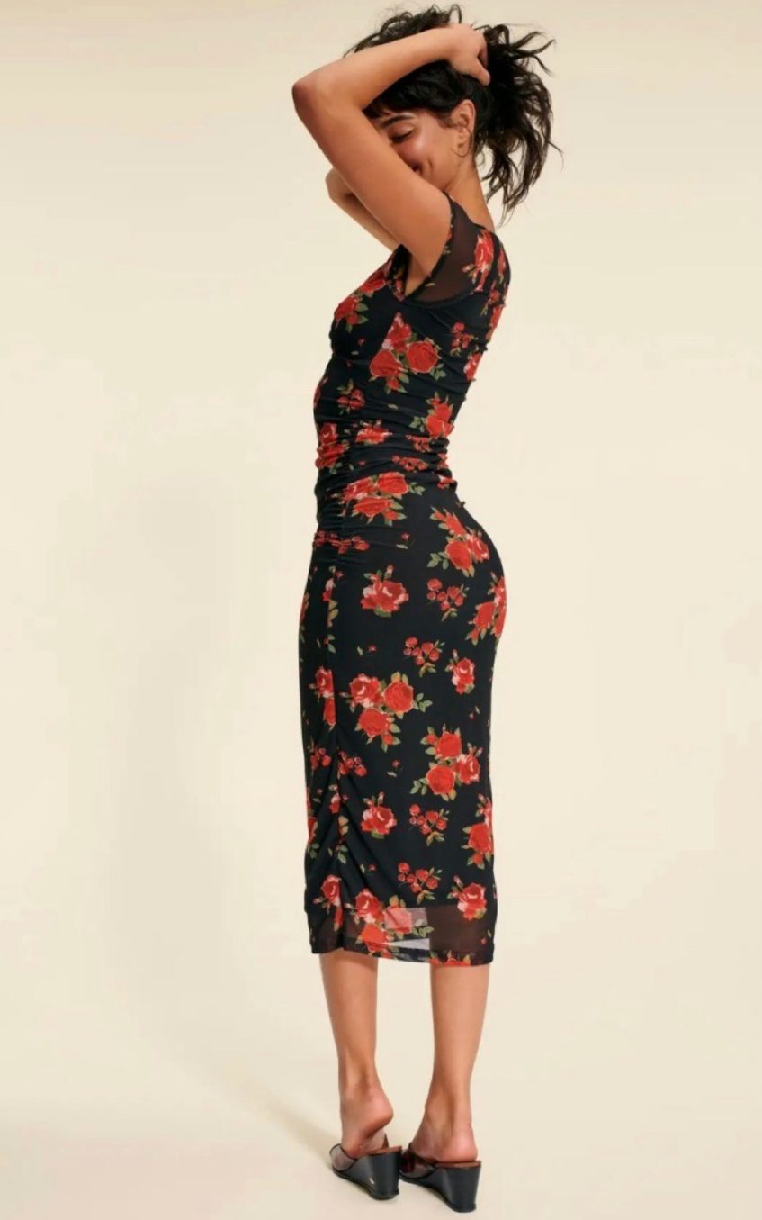 Floral Mesh Sweetheart Neck Midi Dress