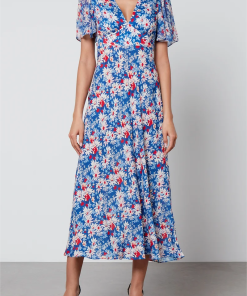 Floral V-Neck Lace-Up Midi Dress