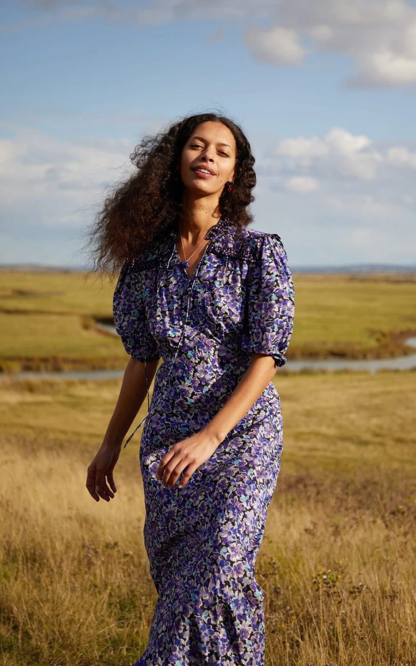 Floral Puff-Sleeve Lace-Up Frill Midi Dress