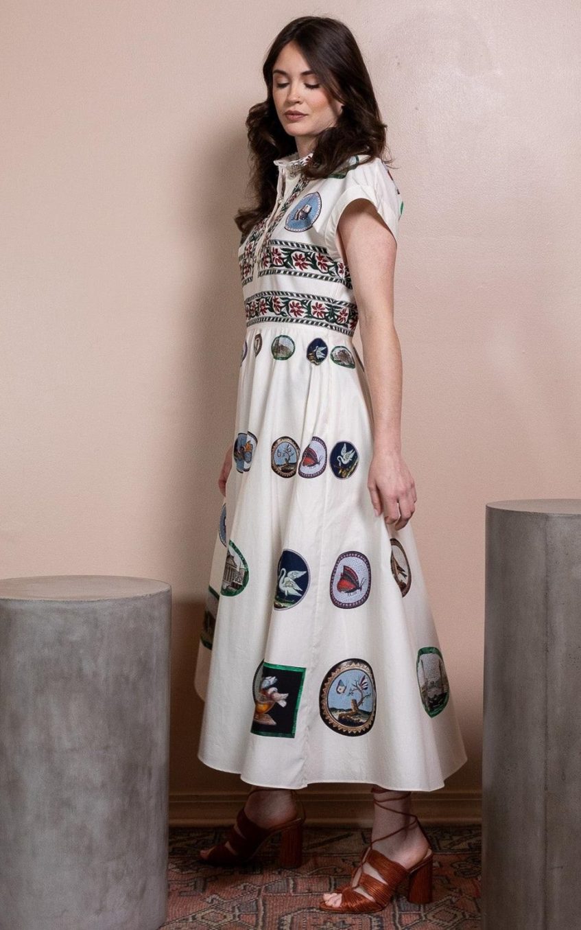 Botanical Print Shirt Collar Button Midi Dress