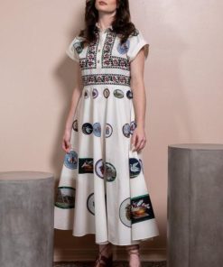 Botanical Print Shirt Collar Button Midi Dress