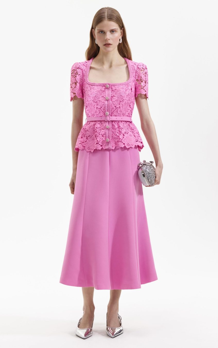 Lace Square Neck Midi Dress With Belt