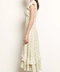 Floral Jacquard V-Neck Ruffle Midi Dress