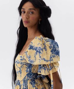 Floral Square Collar Puff-Sleeve Midi Dress