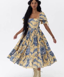 Floral Square Collar Puff-Sleeve Midi Dress