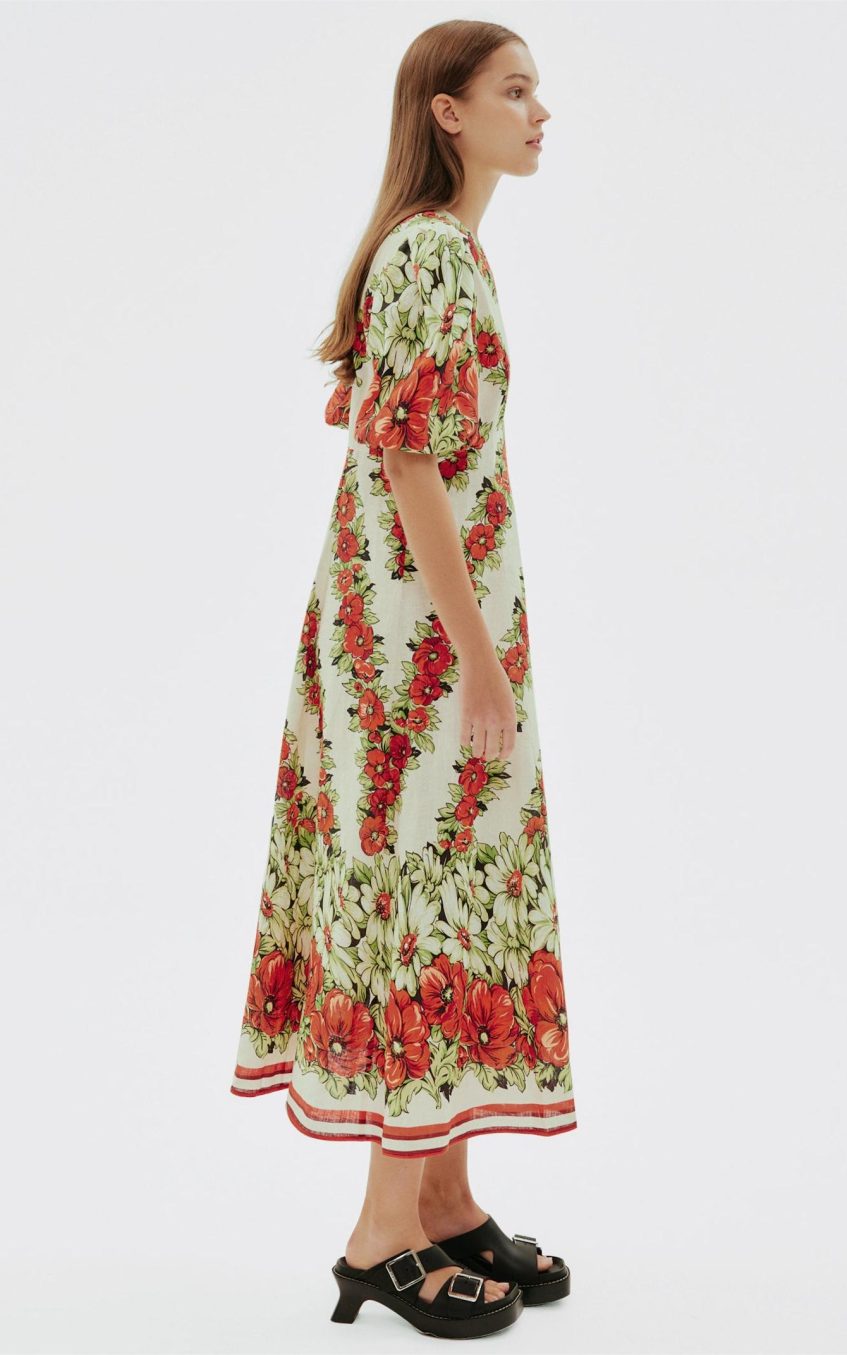 Floral Puff Sleeve Round Neck Midi Dress
