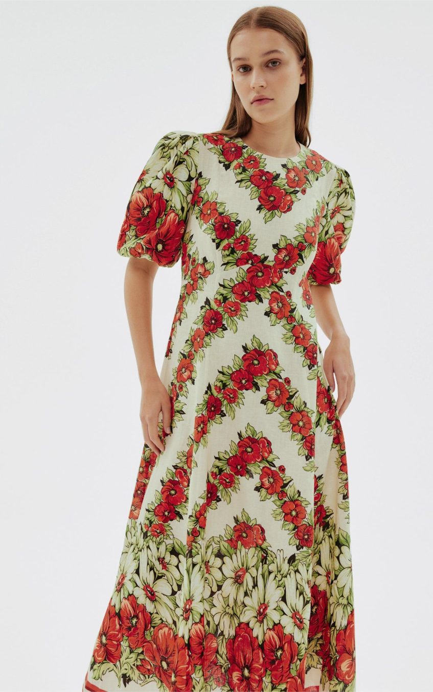 Floral Puff Sleeve Round Neck Midi Dress