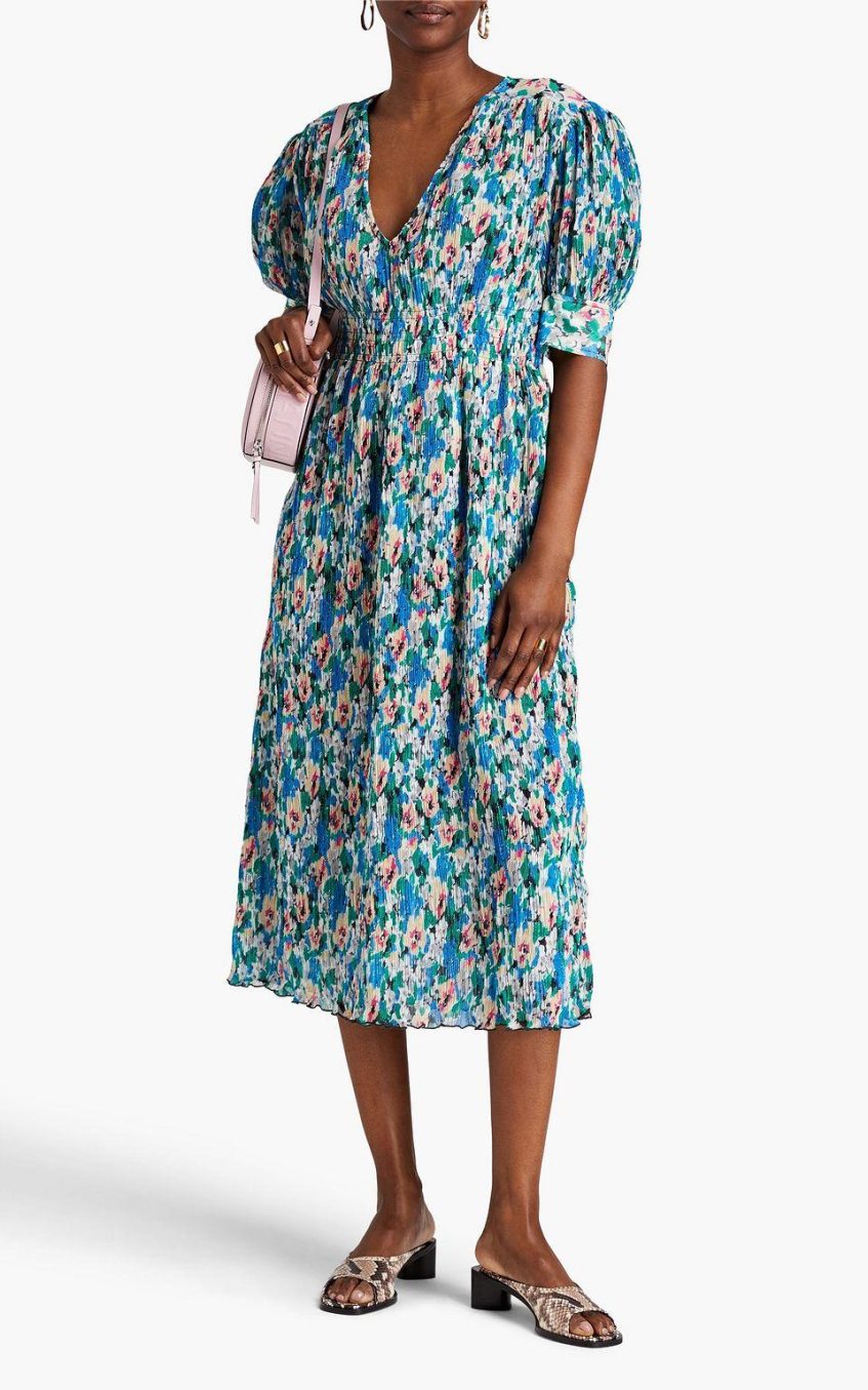 Abstract Print Pleated V-Neck Midi Dress