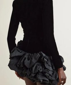 Solid Velvet Long Sleeve Ruffle Mini Dress