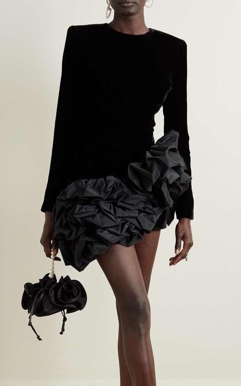 Solid Velvet Long Sleeve Ruffle Mini Dress