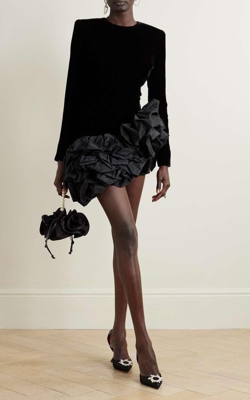 Solid Velvet Long Sleeve Ruffle Mini Dress