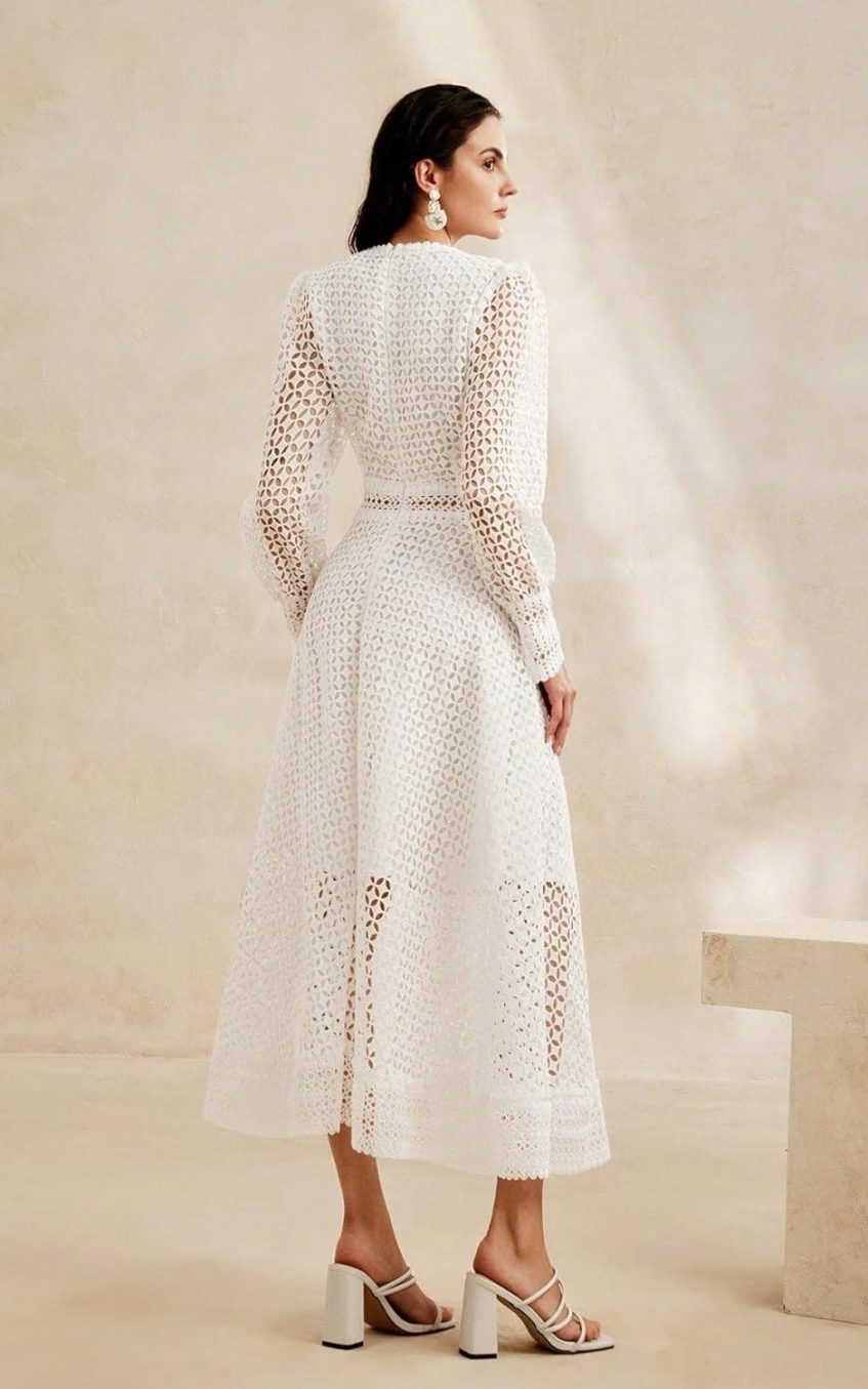 Solid Lace Lantern Sleeve Midi Dress