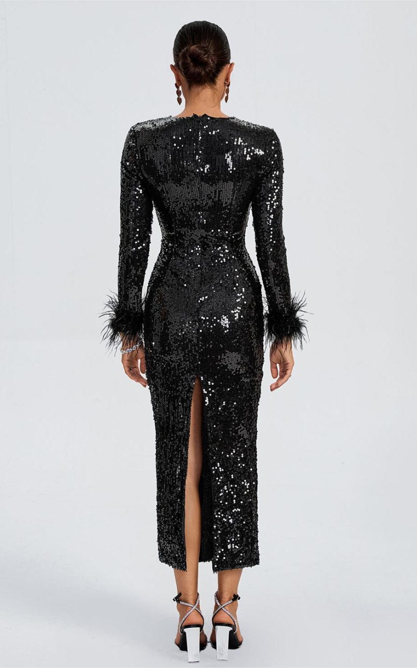 Sequin Feather Long Sleeve Midi Dress