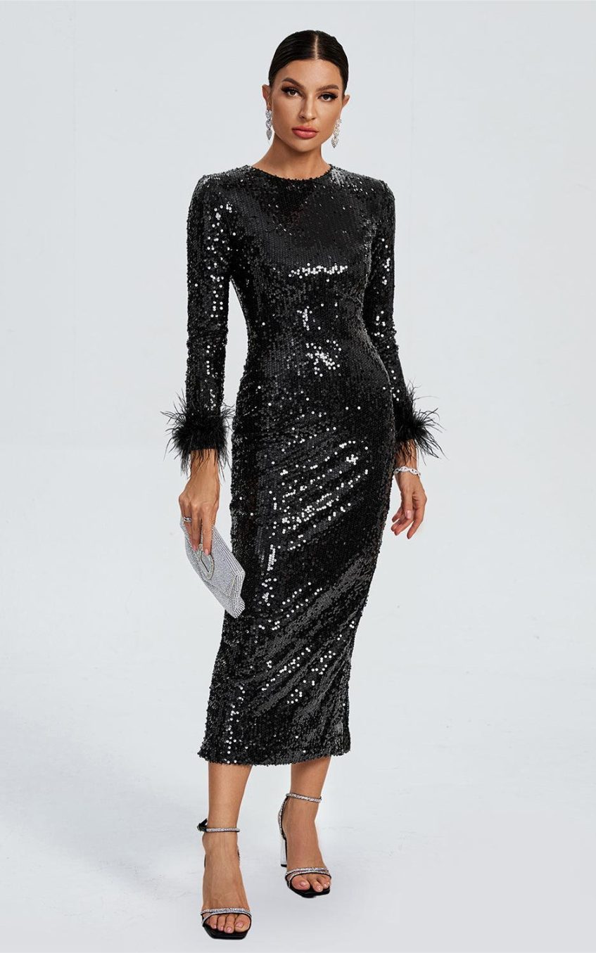 Sequin Feather Long Sleeve Midi Dress