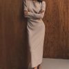 Asymmetrical Neck Ruched Long Sleeve Midi Dress