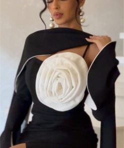 3D Flower Contrast Color Midi Dress With Cape