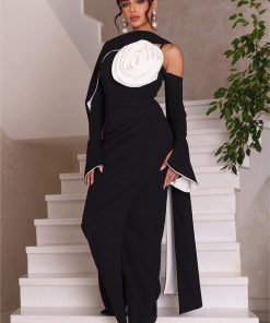 3D Flower Contrast Color Midi Dress With Cape