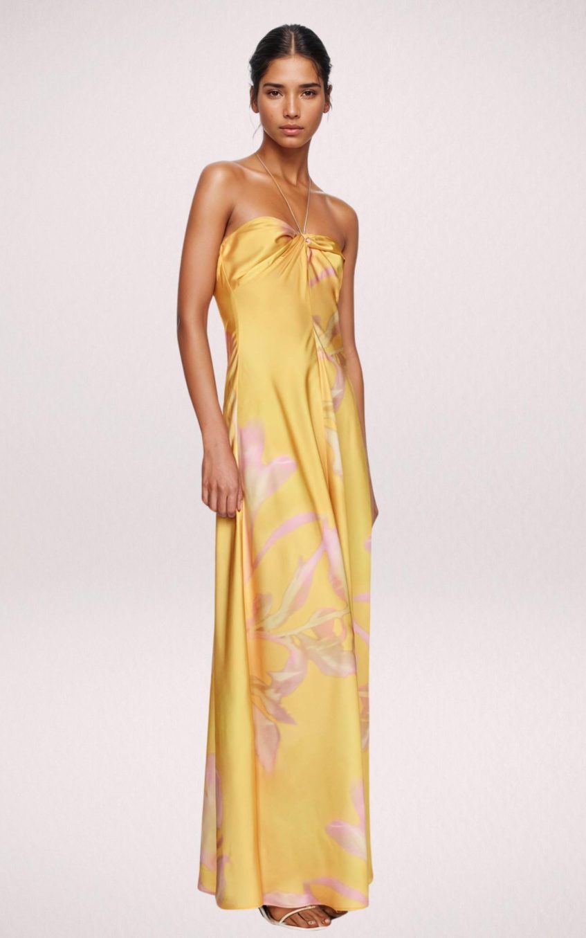 Satin Floral Halter Neck Midi Dress