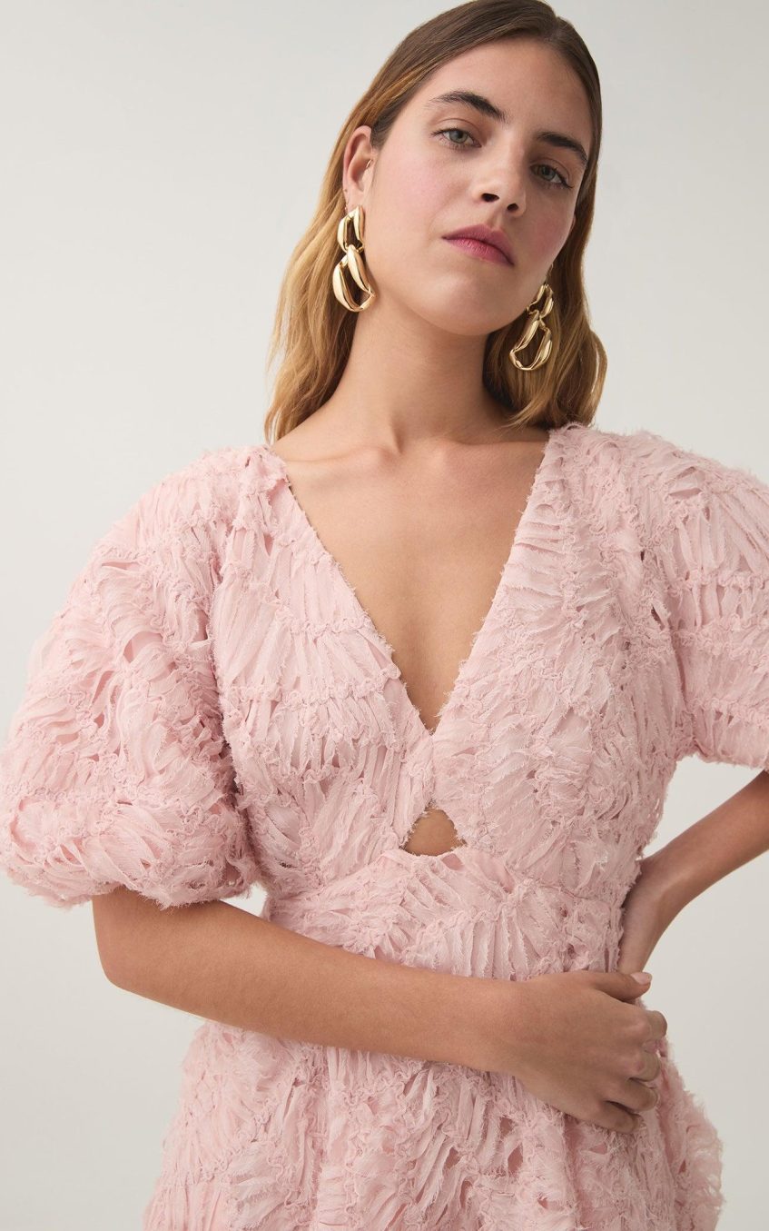 V-Neck Puff Sleeve Cut Out Midi Dress