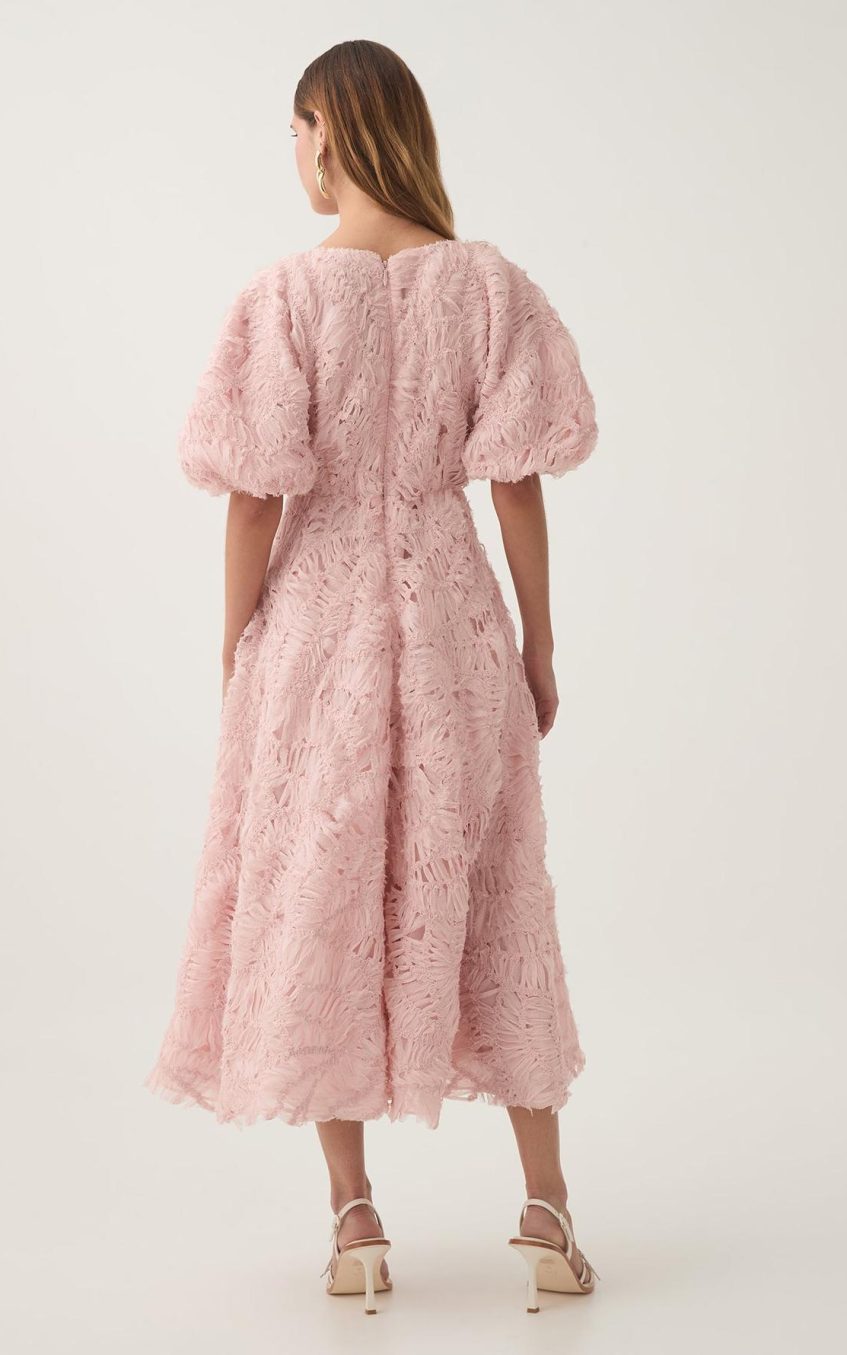 V-Neck Puff Sleeve Cut Out Midi Dress