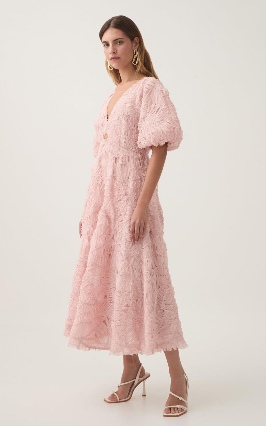 V-Neck Puff Sleeve Cut Out Midi Dress