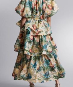 Floral Puff Sleeve Tiered Midi Dress