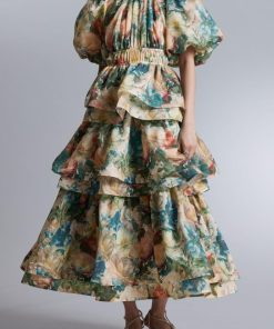 Floral Puff Sleeve Tiered Midi Dress