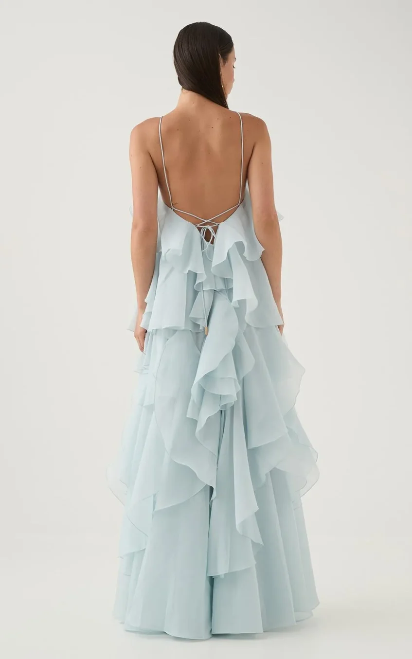 3D Flower Halter Neck Frill Maxi Dress