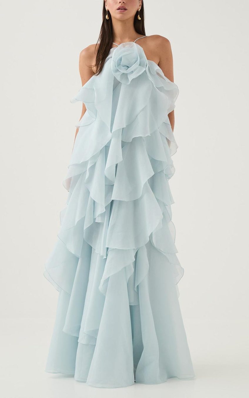 3D Flower Halter Neck Frill Maxi Dress