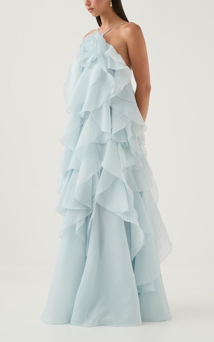 3D Flower Halter Neck Frill Maxi Dress