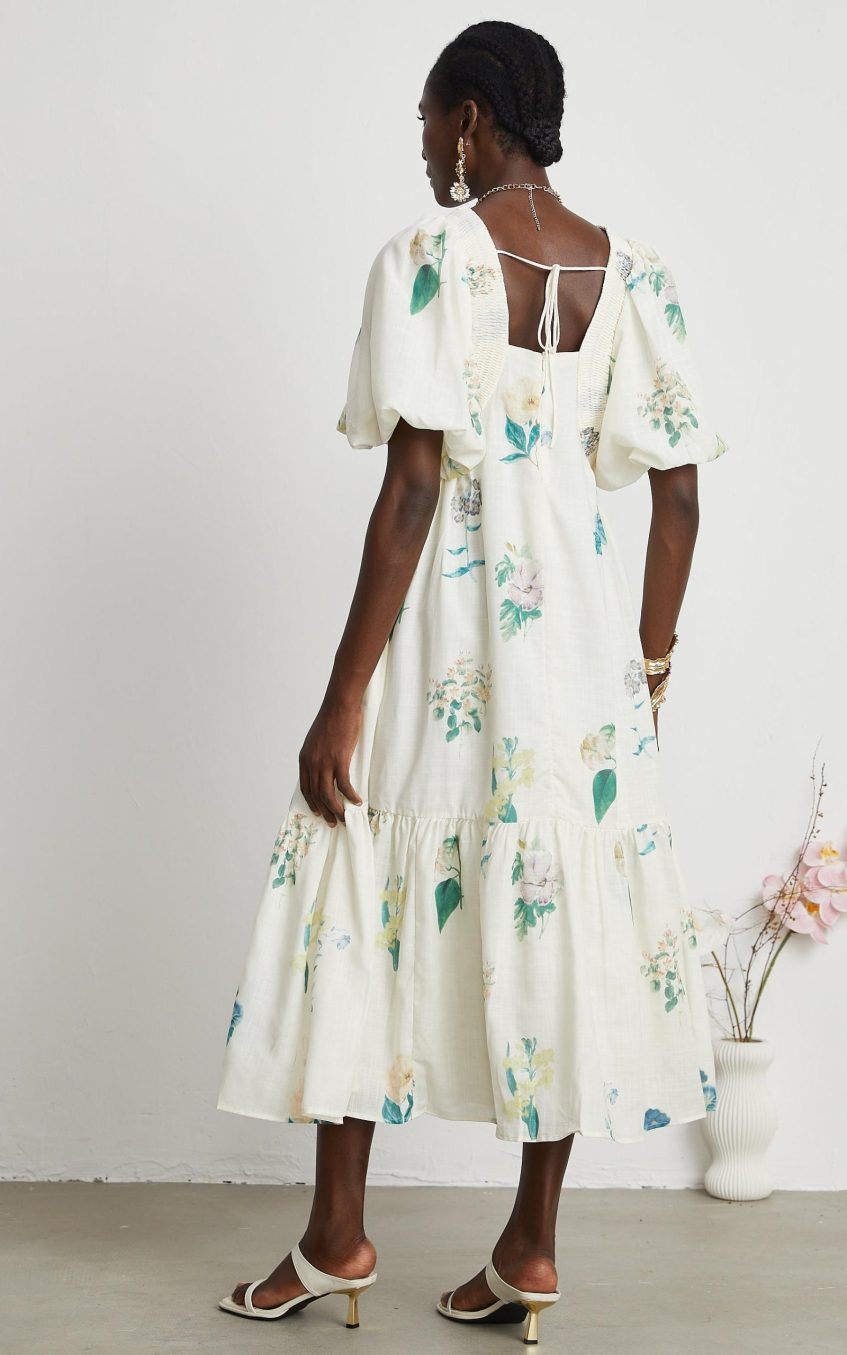 Floral Puff-Sleeve Smocking Midi Dress