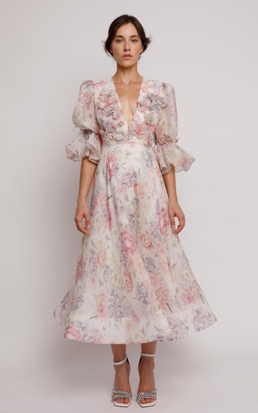 3D Flower Floral Lantern Sleeve Midi Dress