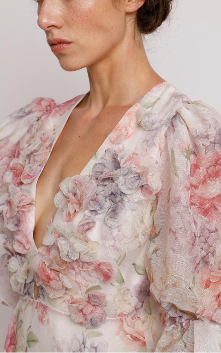 3D Flower Floral Lantern Sleeve Midi Dress