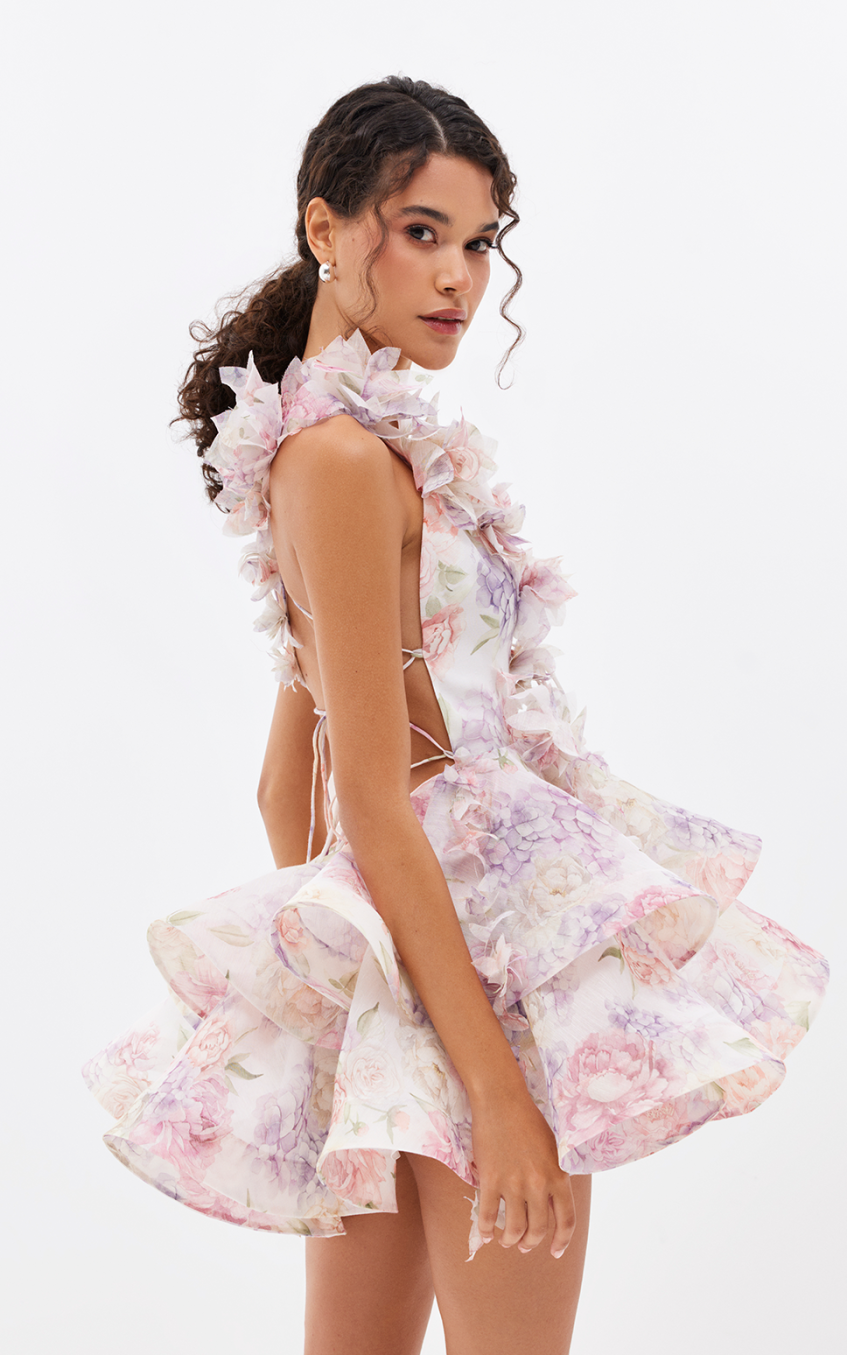 3D Flower Chiffon Ruffle Mini Dress