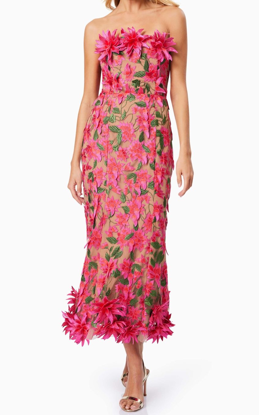 Embroidered 3D Flower Off Shoulder Midi Dress