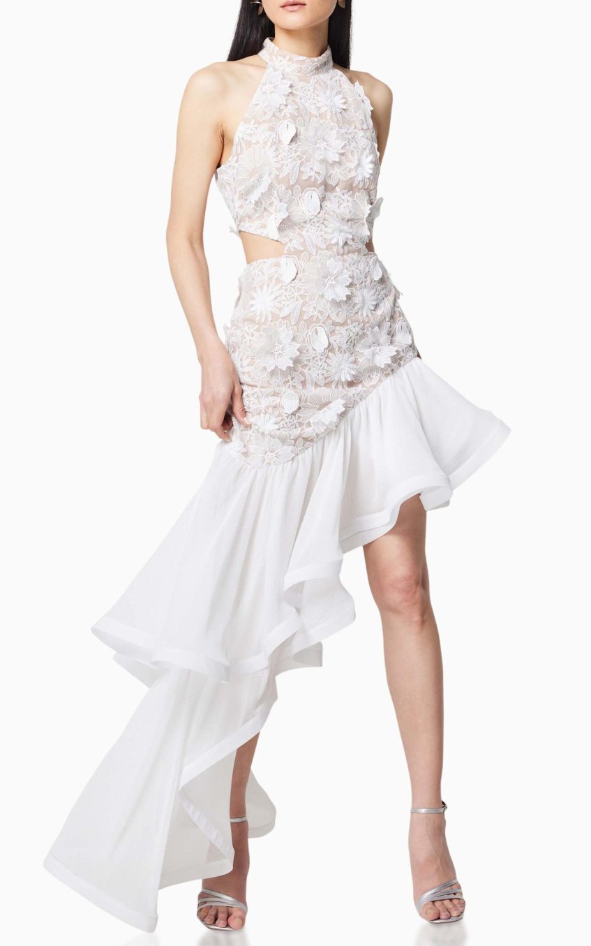 Ruffle Embroidered Halter Neck Midi  Dress